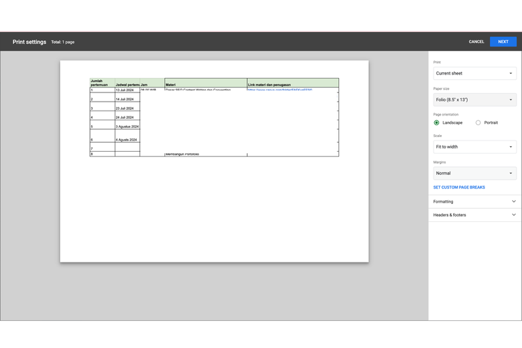 Ilustrasi cara mengatur area print di Google Sheets