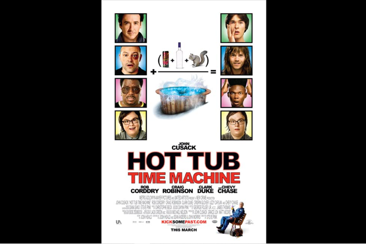 John Cusack, Clark Duke, Craig Robinson, dan Rob Corddry dalam film Hot Tub Time Machine (2010).
