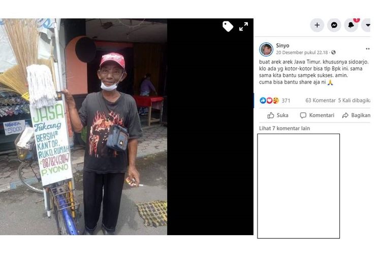 Tangkapan layar unggahan yang menampilkan foto tukang bersih-bersih keliling bernama Pak Yono.