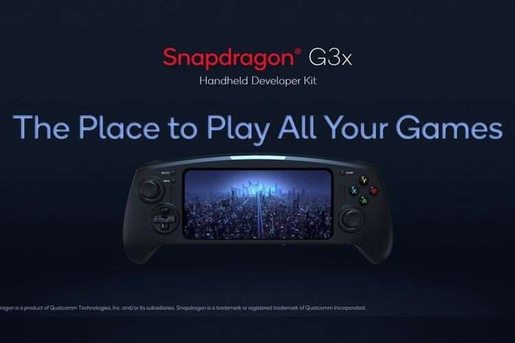 Ilustrasi chipset Snapdragon G3x Gen1 buatan Qualcomm, serta perangat yang dirancang mirip game portable untuk menunjukan kemampuan chipset.