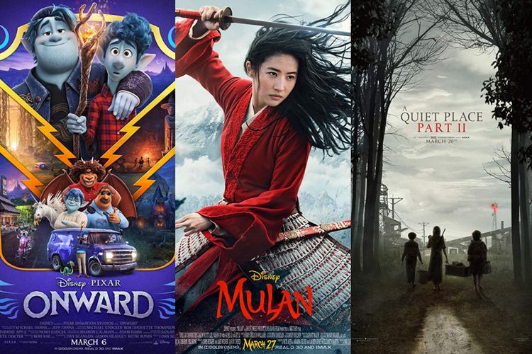 Poster film Onward, Mulan, dan A Quiet Place Part II.