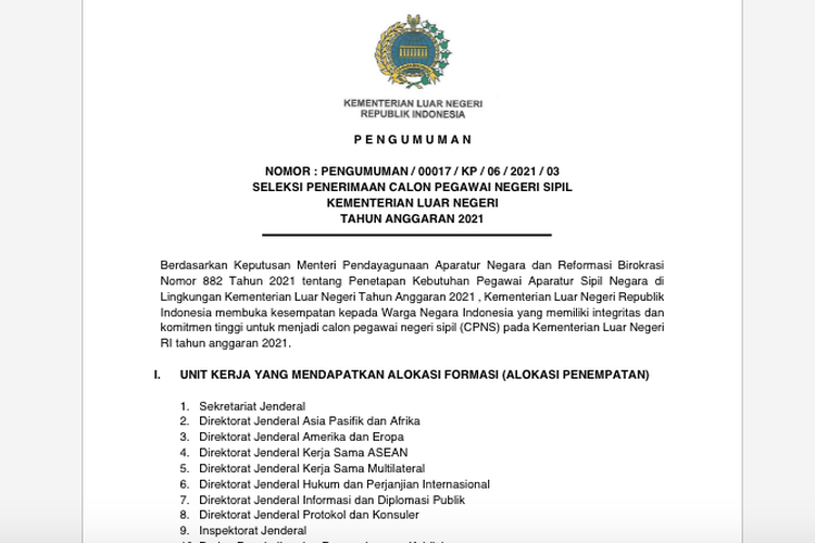 Jadwal Dan Syarat Seleksi Cpns Pppk Provinsi Kabupaten Kota Kementerian Formasi Tahun 2021 Kemenlu Buka 32 Formasi Cpns 2021 Ini Informasi Dan Linknya