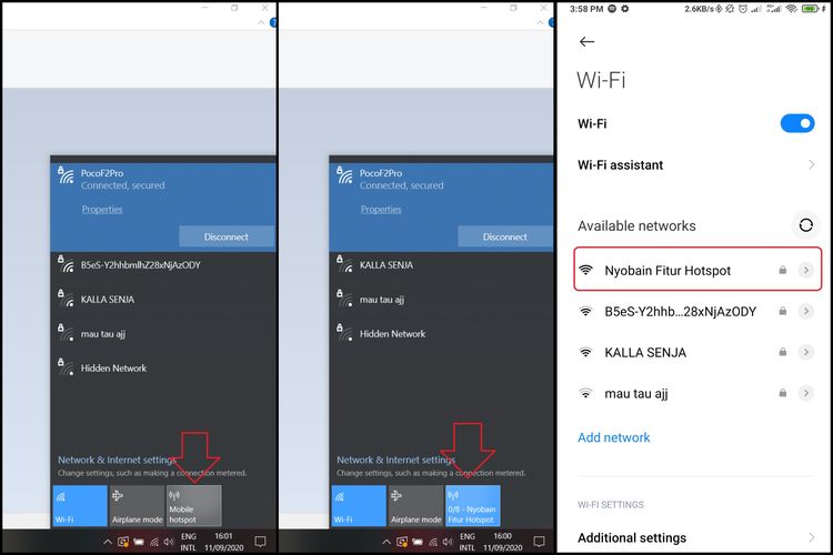 Cara mengaktifkan hotspot dengan mudah lewat notifikasi. (kiri dan tengah) Lalu, melihat hotspot yang telah dibuat di smartphone (kanan). 