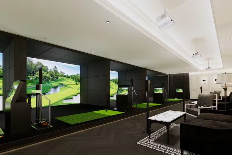 Ruang praktik simulator golf di Nube9 Sky Lounge & Golf.