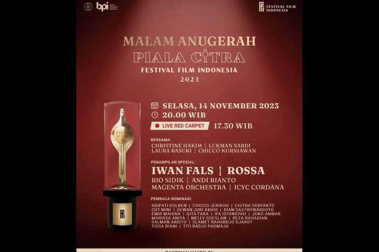 Malam Anugerah Piala Citra Festival Film Indonesia 2023 disiarkan langsung secara daring melalui akun YouTube Festival Film Indonesia, Kemendikbudristek RI, dan Budaya Saya.