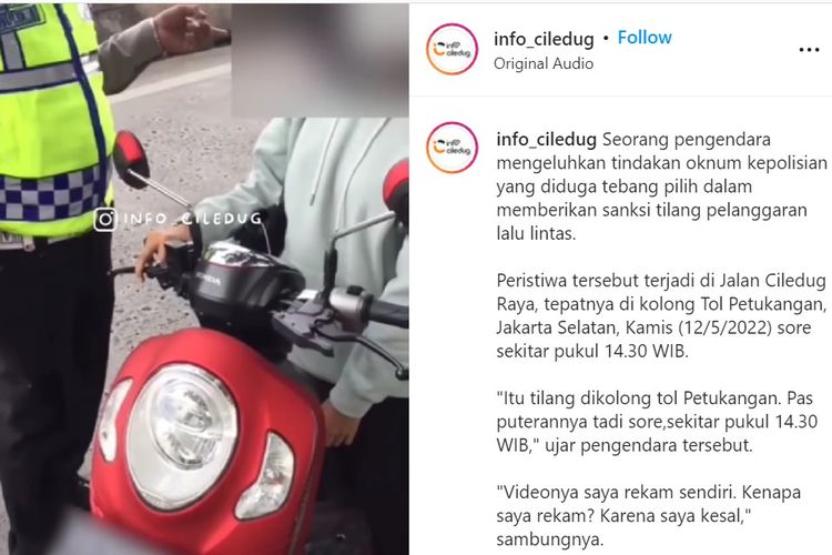 Video viral petugas diduga tebang pilih saat memberikan sanksi tilang terhadap pengendara motor yang melanggar aturan lalu lintas di kawasan Petukangan, Jakarta Selatan.