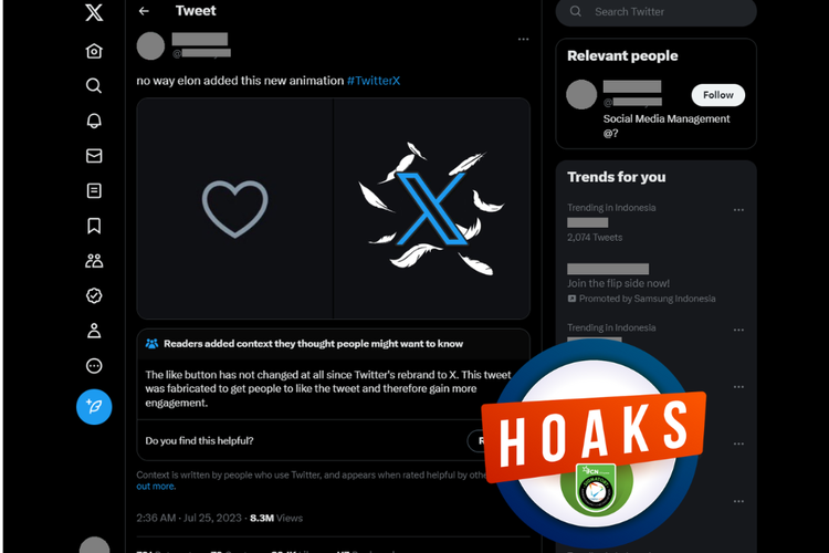 Tangkapan layar unggahan dengan narasi hoaks di sebuah akun Twitter, 8 Juli 2023, yang menyebut simbol hati pada tombol like Twitter berubah menjadi huruf X.