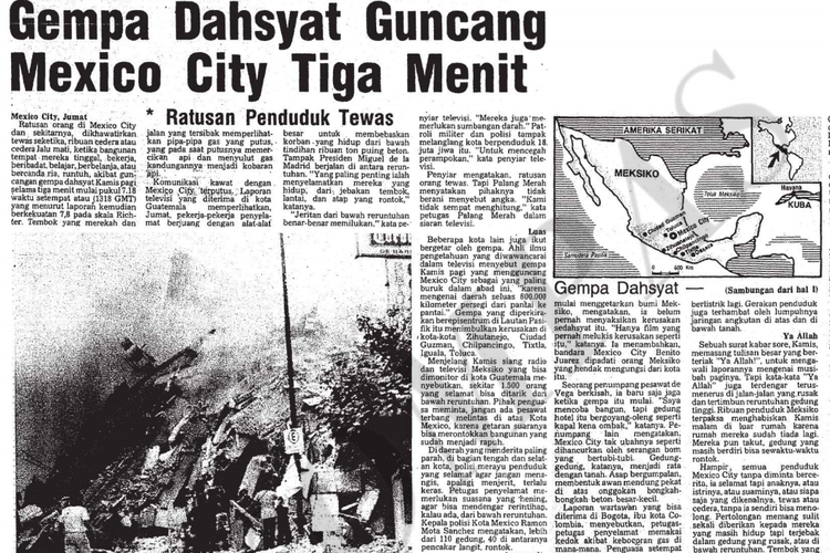 Tangkapan layar arsip berita Harian Kompas tentang gempa Meksiko 19 September 1985