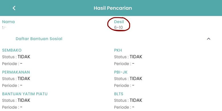 Tangkapan layar hasil pencarian desil di aplikasi Cek Bansos Kemensos. Cek desil. Cara cek desil 2026.