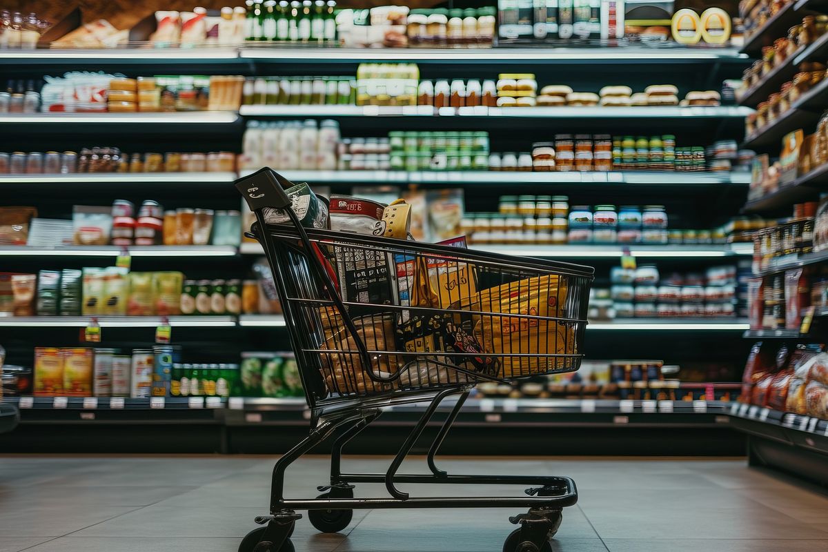 Ilustrasi belanja, belanja di supermarket. 