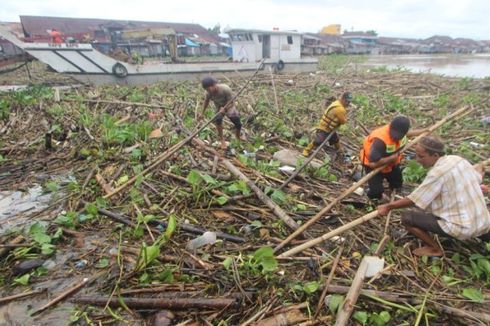 Sungai Martapura Tertutup Sampah Ranting hingga Eceng Gondok