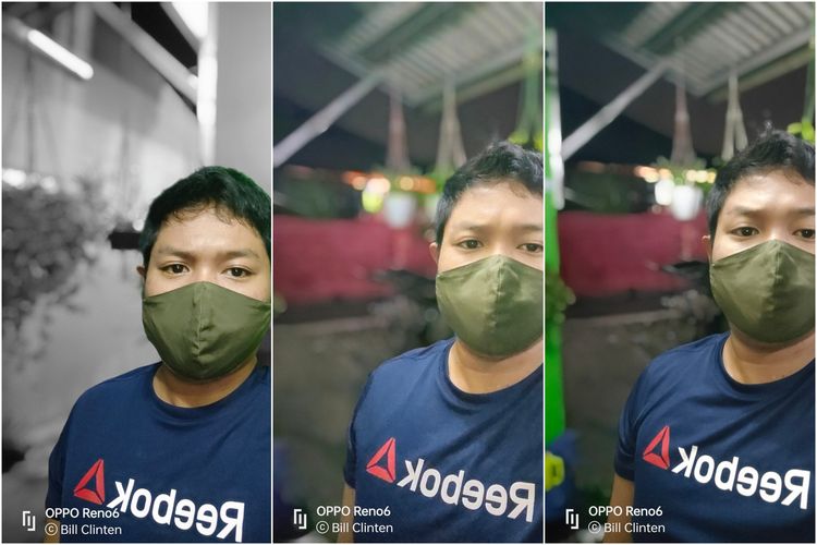 Hasil foto kamera selfie 44 MP (f/2.4) di Reno6 untuk mode AI Color Portrait (foto pertama), Bokeh Flare Portrait (foto kedua), dan efek bokeh biasa (foto ketiga).
Bisa dilihat obyek wajah masih tampil dengan cukup detail dan terang, meski foto diambil pada kondisi malam hari. 
Selain itu, mode AI Color Portrait yang hanya akan menampilkan warna obyek manusia, begitu juga mode Bokeh Flare Portrait yang akan membuat latar belakang obyek manusia menjadi lebih gemerlap dan ciamik, juga tampak berfungsi dengan cukup bagus.