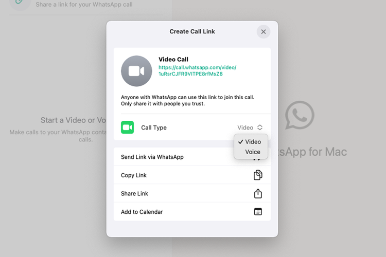 Ilustrasi cara melakukan video call dan voice call di WhatsApp khusus Mac.