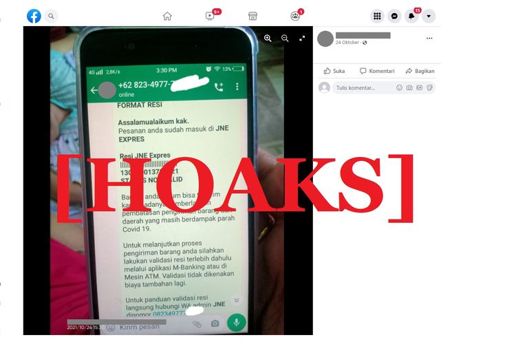 Tangkapan layar pesan di WhatsApp mengatasnamakan JNE, meminta pelanggan melakukan validasi resi dengan menautkan m-banking.