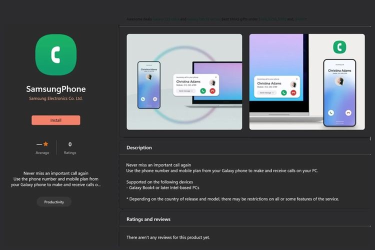 Tampilan aplikasi Samsung Phone di Microsoft Store