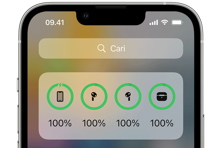 Ilustrasi cara cek status daya pada AirPods lewat widget baterai di iPhone.
