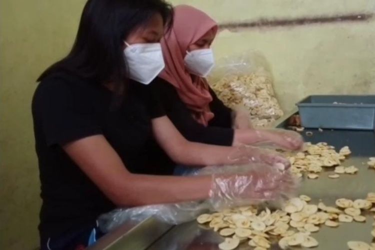 Beberapa pegawai dari usaha produksi keripik buah milik Khamim Tohari sedang menyortir keripik yang sudah selesai diproduksi. 