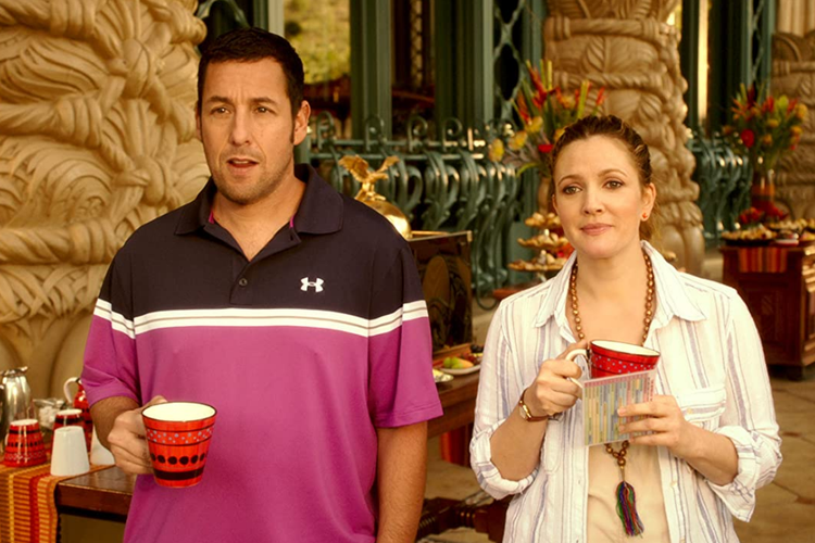 Adam Sandler dan Drew Barrymore dalam film komedi romantis Blended (2014).