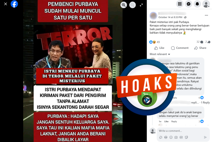 Tangkapan layar konten hoaks di sebuah akun Facebook, 14 Oktober 2025, yang menyebutkan istri Purbaya mengalami teror.