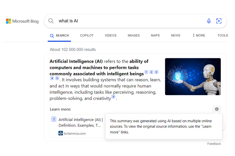 Situs Bing Search yang kini menampilkan hasil pencarian yang dibuat dengan AI.
