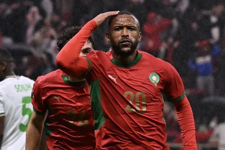 Ayoub El Kaabi merayakan gol dalam pertandingan Grup A Piala Afrika (CAN) antara Maroko vs Komoro di Stadion Prince Moulay Abdellah di Rabat pada 21 Desember 2025. (Foto oleh Paul ELLIS / AFP)