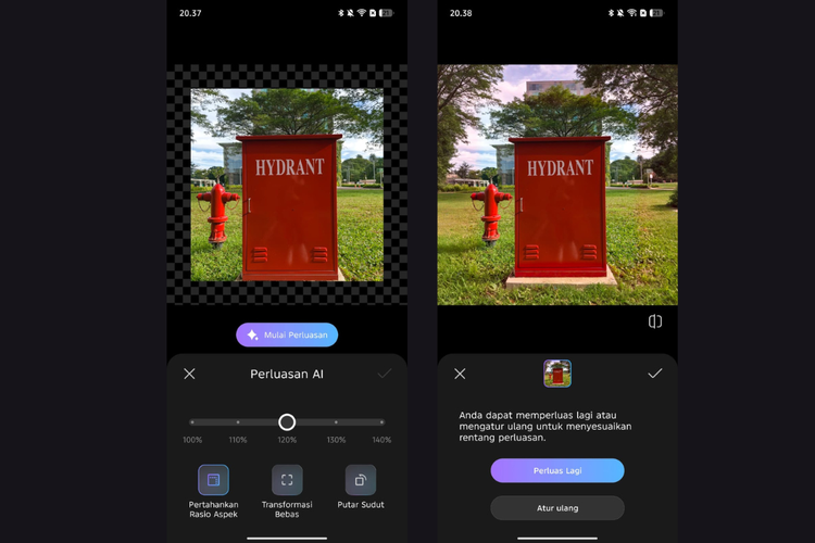 Hasil foto yang diedit menggunakan fitur AI Image Extender. Terlihat bidang pandang pada obyek foto tampak lebih luas dengan ornamen obyek yang sudah disesuaikan sistem mengikuti foto aslinya.