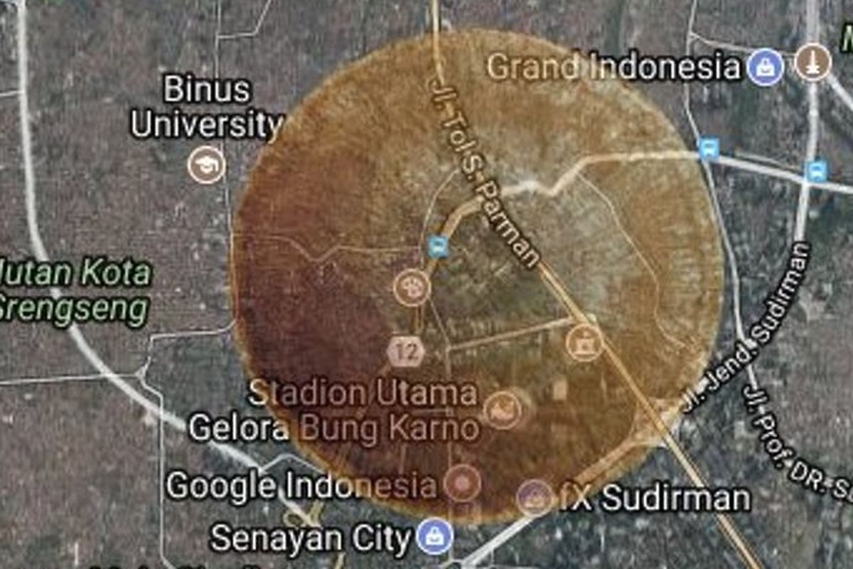 Hasil simulasi dimensi kawah produk tumbukan bila asteroid A/2017 U1 jatuh di Jakarta (titik Gedung DPR-MPR) pada kecepatan awal 60 km/detik. Diameter asteroid 400 meter bisa membuat kawah dengan lebar 3,7 kilometer dan kedalaman 440 meter. Energi tumbukan mencapai 18.100 megaton TNT. 