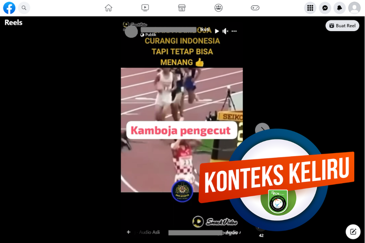 Tangkapan layar unggahan dengan narasi salah di sebuah akun Facebook, 13 Mei 2023, soal video Kamboja curangi Indonesia saat balap lari.