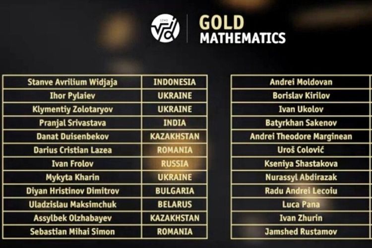 Stanve Avrilium Widjaja (Indonesia) meraih medali emas dan nilai sempurna bidang matematika.