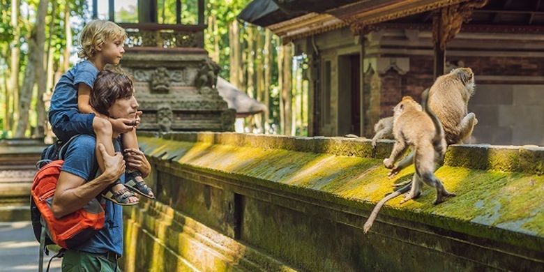 Illustration of Bali. Tourists are on vacation at the Sacred Monkey Forest, Gianyar, Bali.