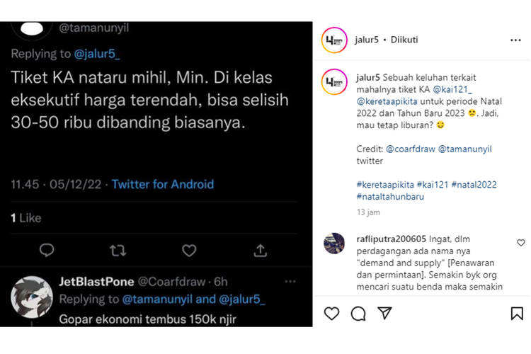 Tangkapan layar unggahan akun Instagram @jalur5 soal keluhan mahalnya harga tiket kereta api untuk libur Natal 2022 dan Tahun Baru (Nataru) 2023.