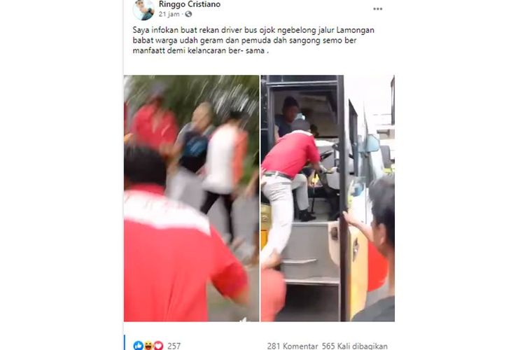 Tangkapan layar ideo yang menampilkan driver bus Dali Mas yang dikejar massa usai ngeblong atau melawan arus di jalan Lamongan, Jawa Timur.