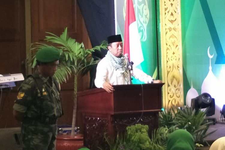 Ketua Umum PPP Romahurmuziy dalam sambutannya di Munas Alim Ulama di Semarang, Jumat (13/4/2018)