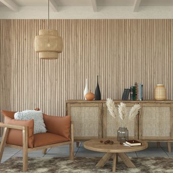 Ilustrasi ruang keluarga menggunakan bilah kayu pada dinding.