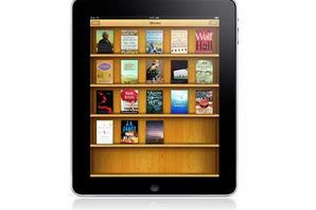 Tampilan rak buku di aplikasi iBooks yang berjalan pada sebuah Apple iPad.