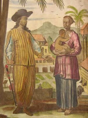 Lukisan yang menggambarkan keluarga Mardjiker. Mardjiker adalah kelompok etnis dari wilayah jajahan Portugis yang dibawa ke Indonesia.