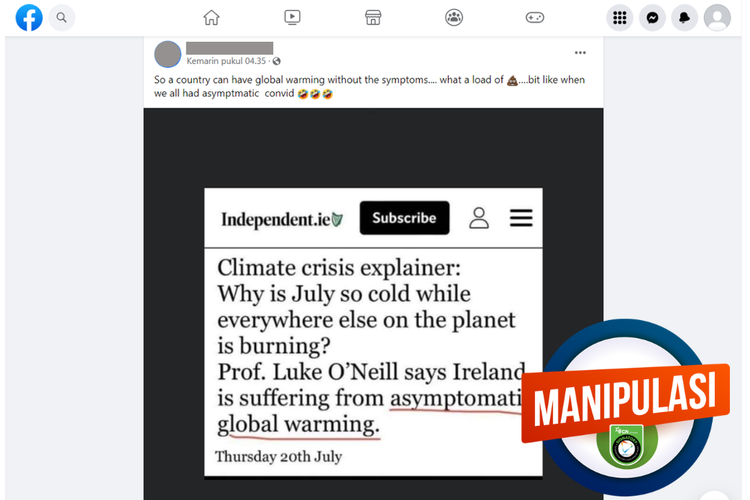 Tangkapan layar unggahan dengan narasi hoaks di sebuah akun Facebook, Senin (24/7/2023), soal  pernyataan Luke O'Neill terkait pemanasan global asimtomatik.