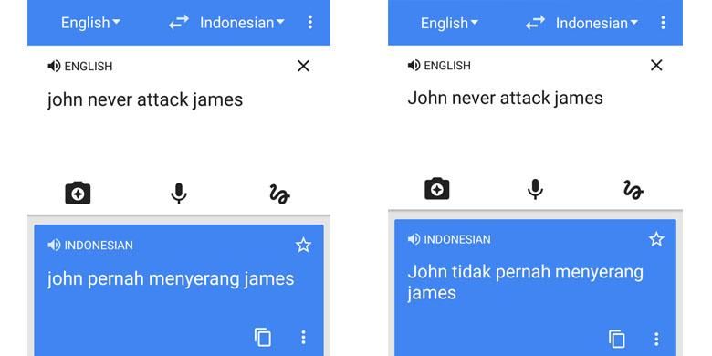 Contoh hasil terjemahan yang keliru pada Google Translate di smartphone Android