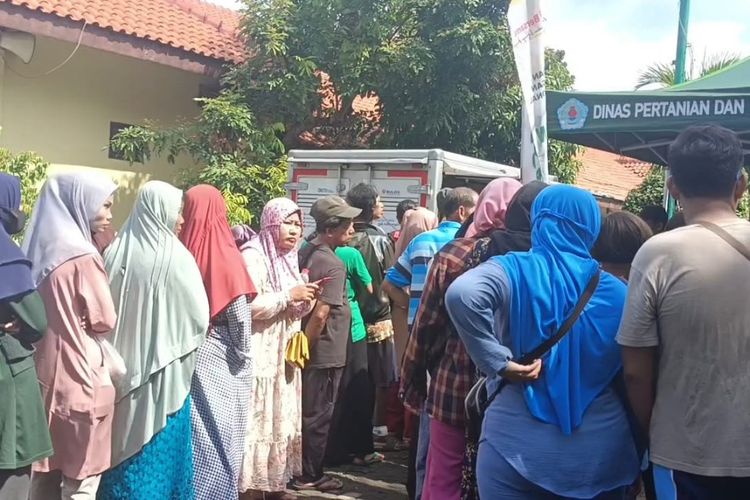 Ratusan warga Kabupaten Brebes, Jawa Tengah rela antre untuk mendapatkan beras SPHP (Stabilisasi Pasokan dan Harga Pangan) yang dijual Bulog Pekalongan di halaman Kantor Dinas Pertanian dan Ketahanan Pangan (DPKP), Rabu (6/2/2024). 