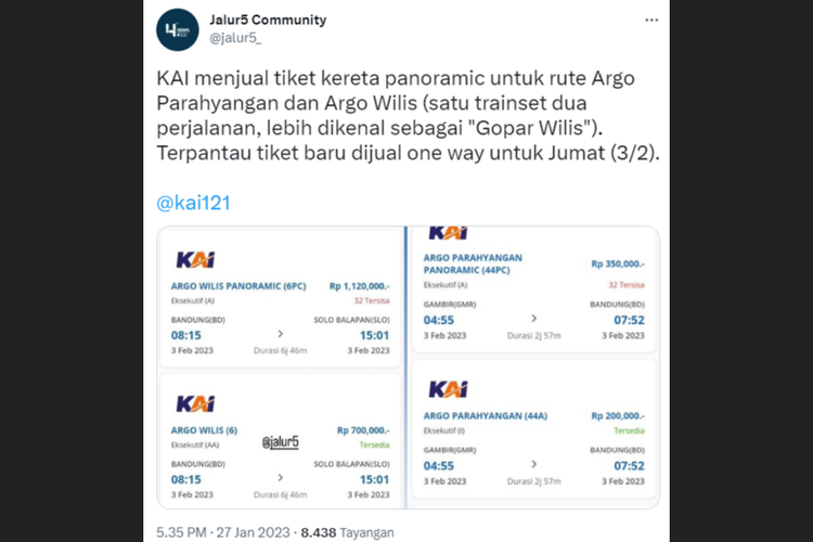 Tangkapan layar unggahan soal kembali beroperasinya Kereta Panoramic yang akan dirangkaikan di Kereta Api (KA) Argo Wilis dan Argo Parahyangan.