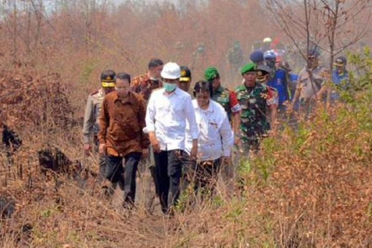 Presiden Joko Widodo saat memantau kabut asap akibat kebakaran hutan di Kalimantan Selatan, Rabu (23/9/2015).
