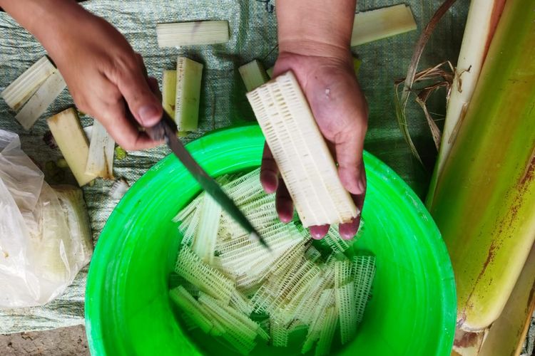 Pembuatan Gedhebog Pisang, kripik renyah dari batang pisang buat oleh-oleh Blora. 