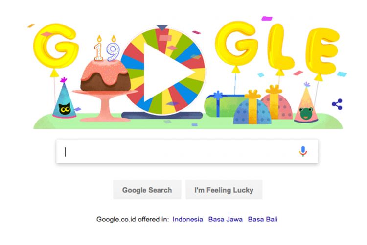Doodle ulang tahun ke-19 Google dengan roda keberuntungan berisi 19 doodle permainan. 