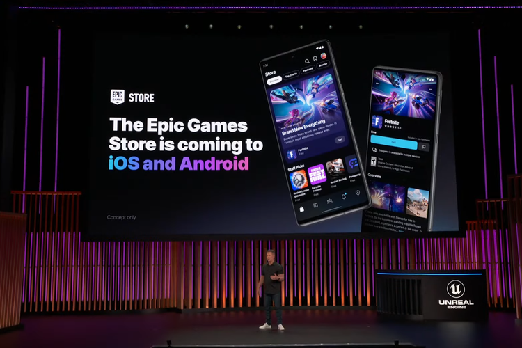 Epic Games Store General Manager Steve Allison dalam panel Epic State of Unreal, di ajang Game Developers Conference (GDC) 2024, San Francisco, Kamis (21/3/2024). Allison mengumumkan bahwa Epic Games Store akan tersedia di iOS dan Android.