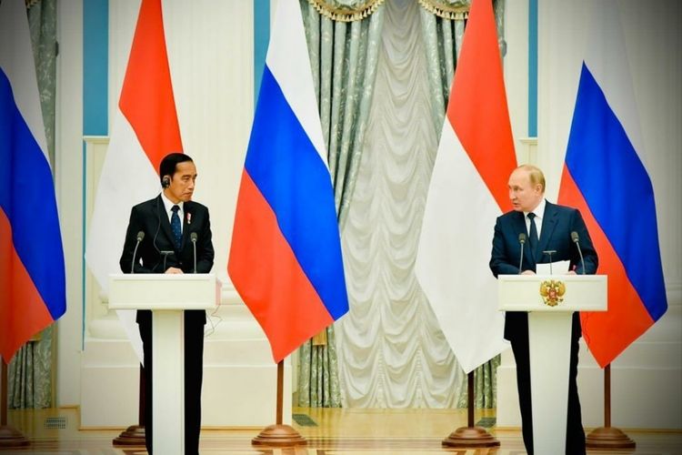 Presiden Joko Widodo dan Presiden Rusia Vladimir Putin menyampaikan keterangan pers di Istana Kremlin, Moskwa, Rusia, Kamis (30/6/2022).