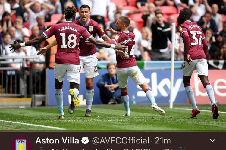 Ekspresi Anwar El Ghazi setelah mencetak gol pertama pada pertandingan Aston Villa vs Derby County di Stadion Wembley, Senin (27/5/2019).