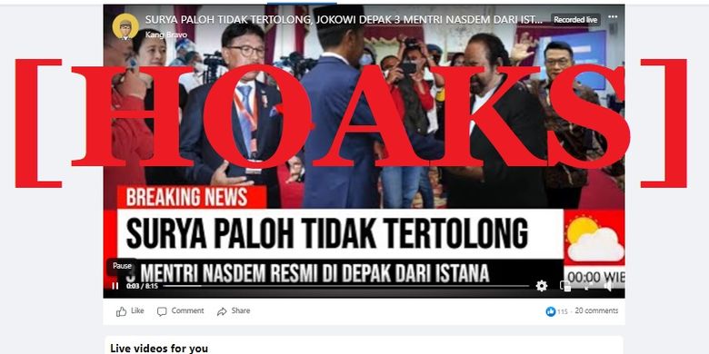 Tangkapan layar Facebook narasi yang menyebut bahwa Jokowi mendepak tiga menteri dari Partai Nasdem di Kabinet Indonesia Maju