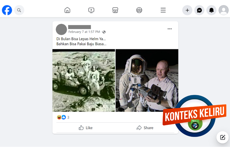Tangkapan layar konten hoaks di sebuah akun Facebook, Rabu (7/2/2024), soal foto astronot di Bulan tidak mengenakan helm.