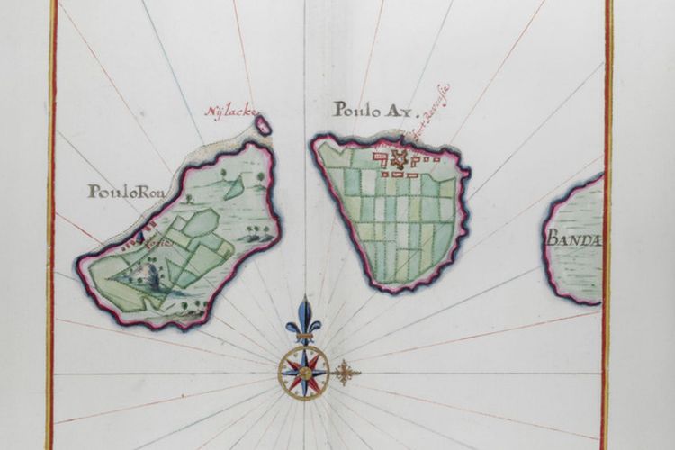 Peta Poulo Ron, Poulo Ay, Banda yang dibuat sekitar 1660. Peta ini menunjukkan bagan navigasi di dalam area piagam VOC. British Library membeli atlas dari perpustakaan kolektor Haarlem Van der Willigen pada 1875. Atlas terdiri atas 49 bagan dan pemandangan yang digambar tangan, semuanya dalam warna.