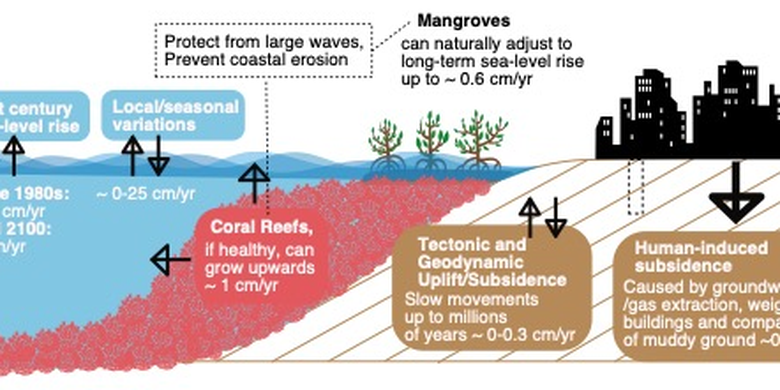 Ilustrasi skematis berbagai faktor penting dalam kenaikan permukaan laut.